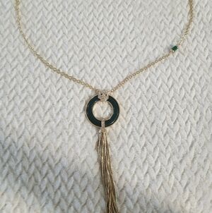 White House Black Market Gold Fashion Necklace Green Stone Leopard Tassel